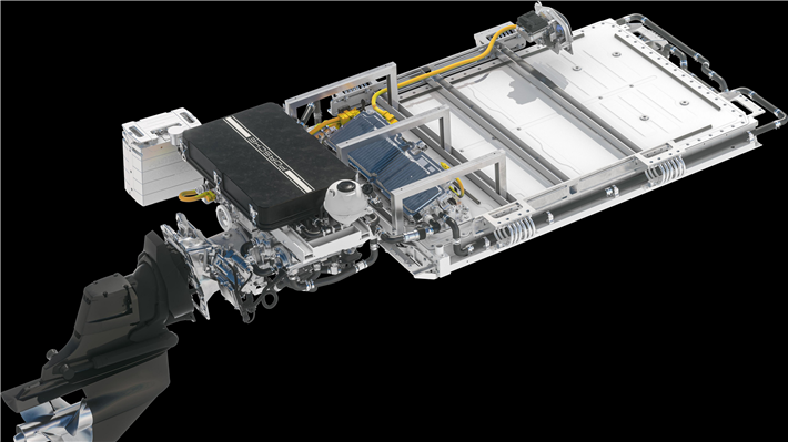 Der Antrieb von Frauscher x Porsche 850 Fantom und 850 Fantom Air. Hochvolt-Batterie und PSM-Motor stammen aus dem Porsche Macan Turbo. 2024 © Porsche AG