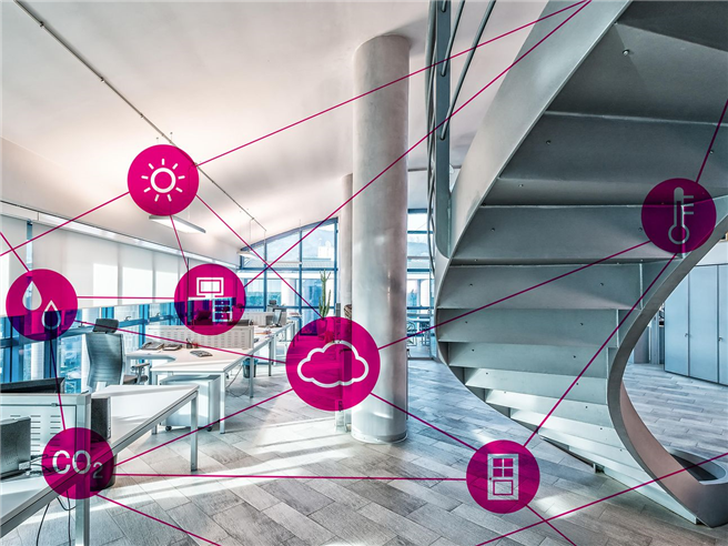 Smarte Gebäudesteuerung mit IoT: Digital erfasste Daten geben ein genaueres Verständnis von Gewohnheiten der Mitarbeiter, Objektnutzung und Kostentreibern. © Deutsche Telekom AG