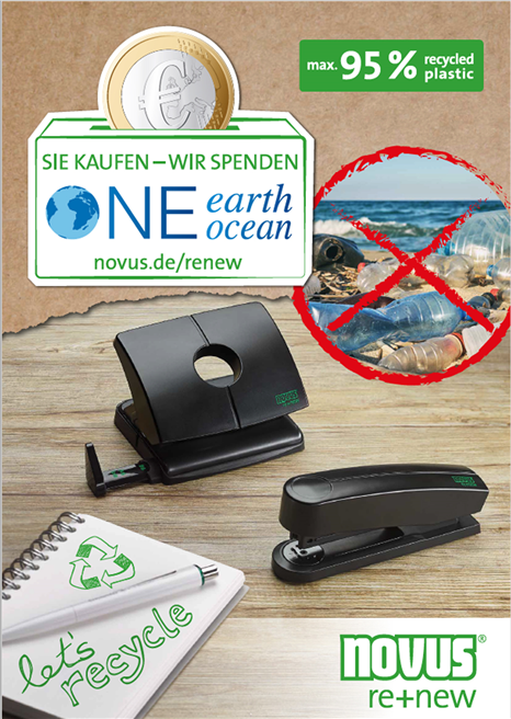 Zum Verkaufsstart der Novus re+new-Serie, deren Hefter und Locher aus bis zu 95% recycelten Kunststoffen bestehen, hat Novus Dahle eine Spendenaktion gestartet. © Novus Dahle 