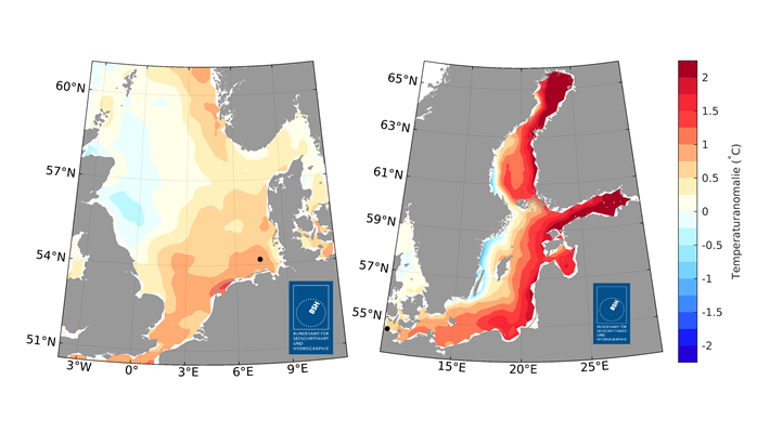 Abweichung des Sommermittels der Oberflächentemperaturen in 2024 zum langjährigen Sommermittel von 1997 bis 2021 für die Nordsee (links) und für die Ostsee (rechts) © BSH