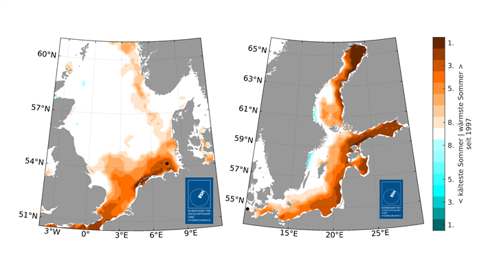 Rang des Sommermittels der Oberflächentemperaturen in 2024 im Vergleich zu allen Sommern seit 1997 für die Nordsee (links) und für die Ostsee (rechts) © BSH