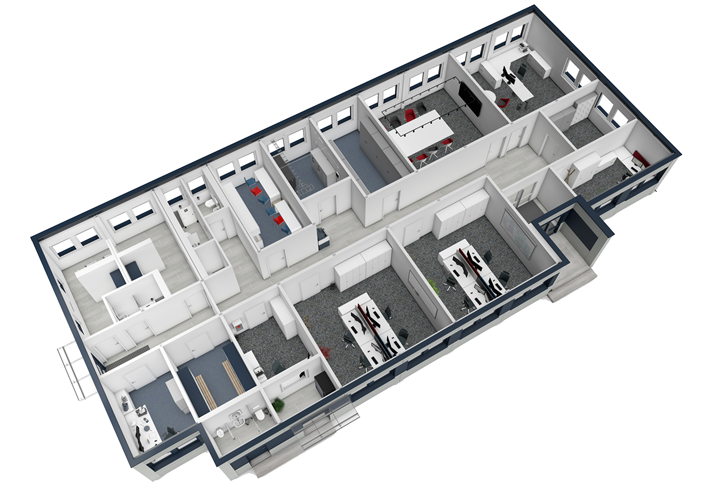 Die vorkonfigurierte Modultypen ermöglichen es, wie mit einem Baukastensystem bedarfsgerechte Gebäude mit variantenreichen Grundrissen, z.B. für Büro mit Arbeitsplätzen, Besprechungsräumen, Küche und Sanitärbereichen zu konzipieren. © ALHO Unternehmensgruppe