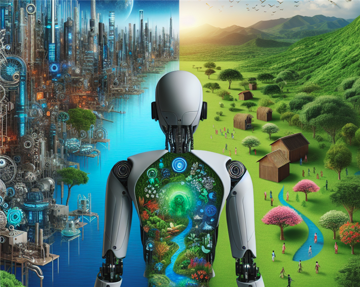 This image was created with an AI image generator. The AI agent was given the prompt: ‘Create an image of a humanoid robot looking at two different moral options that represent a complex ethical dilemma. Make it from the POV of the robot.’ © Aalto University. Image created with the assistance of DALL-E-3.